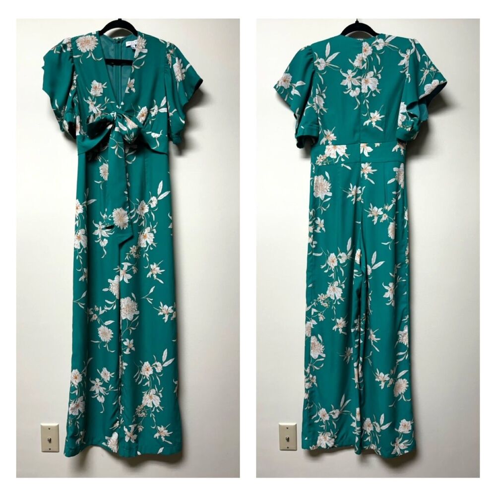 CURRENT AIR Green Floral Tie Front Deep V Wide Leg Jumpsuit, Sz S